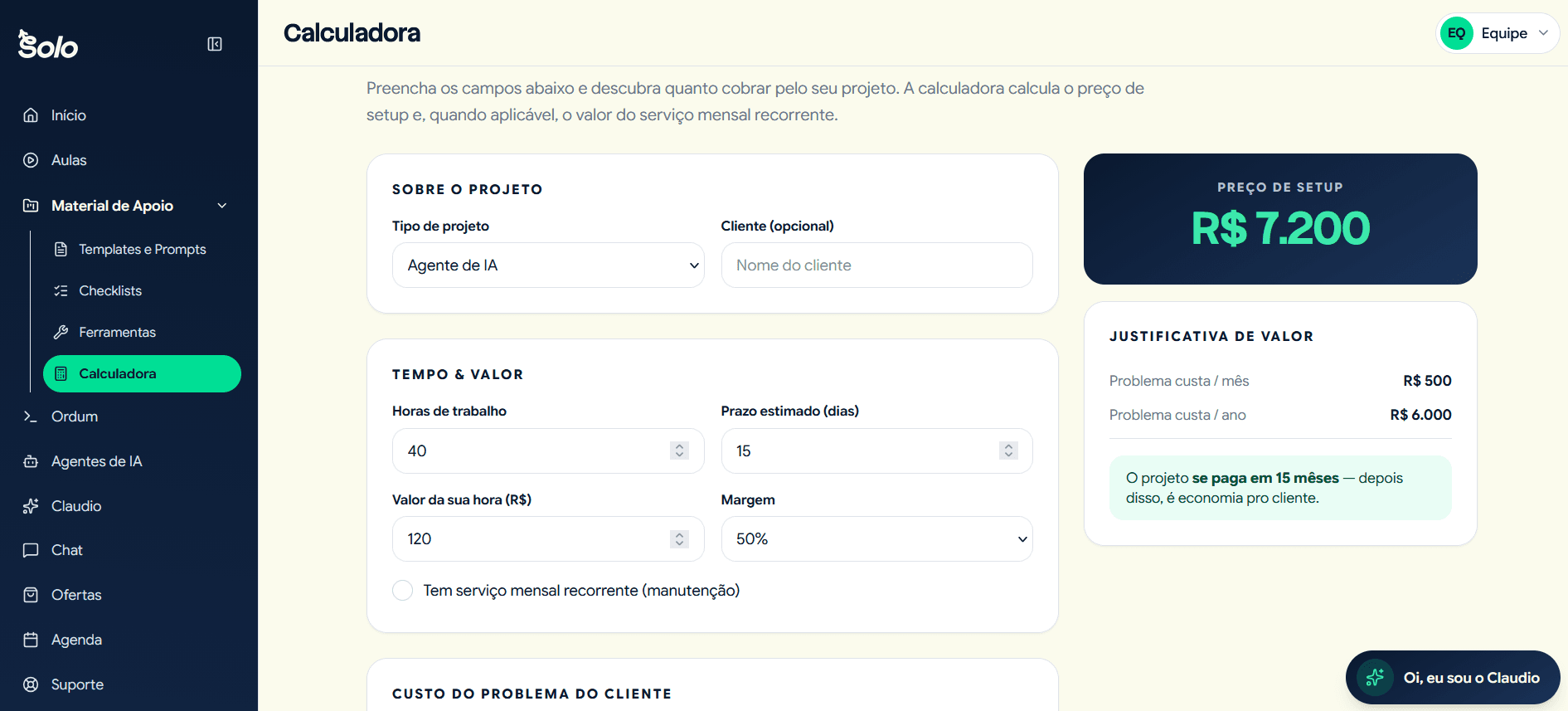 Tela da calculadora de precificação do Solo, com preço de setup calculado