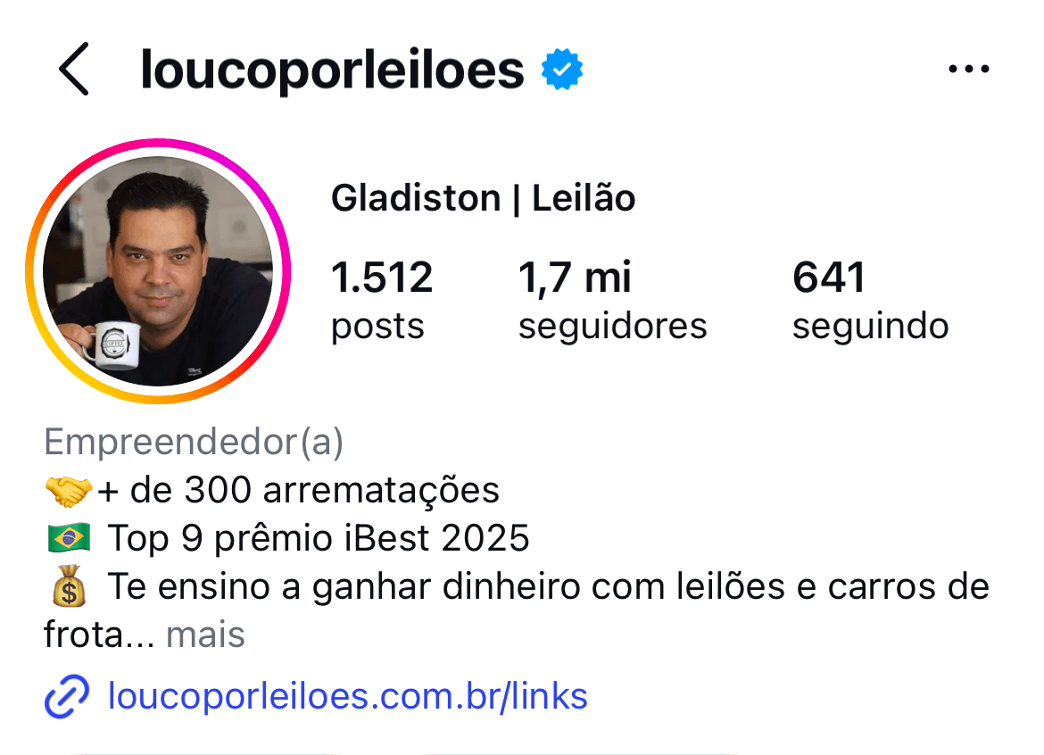 Perfil no Instagram de @loucoporleiloes, Gladiston Leilão