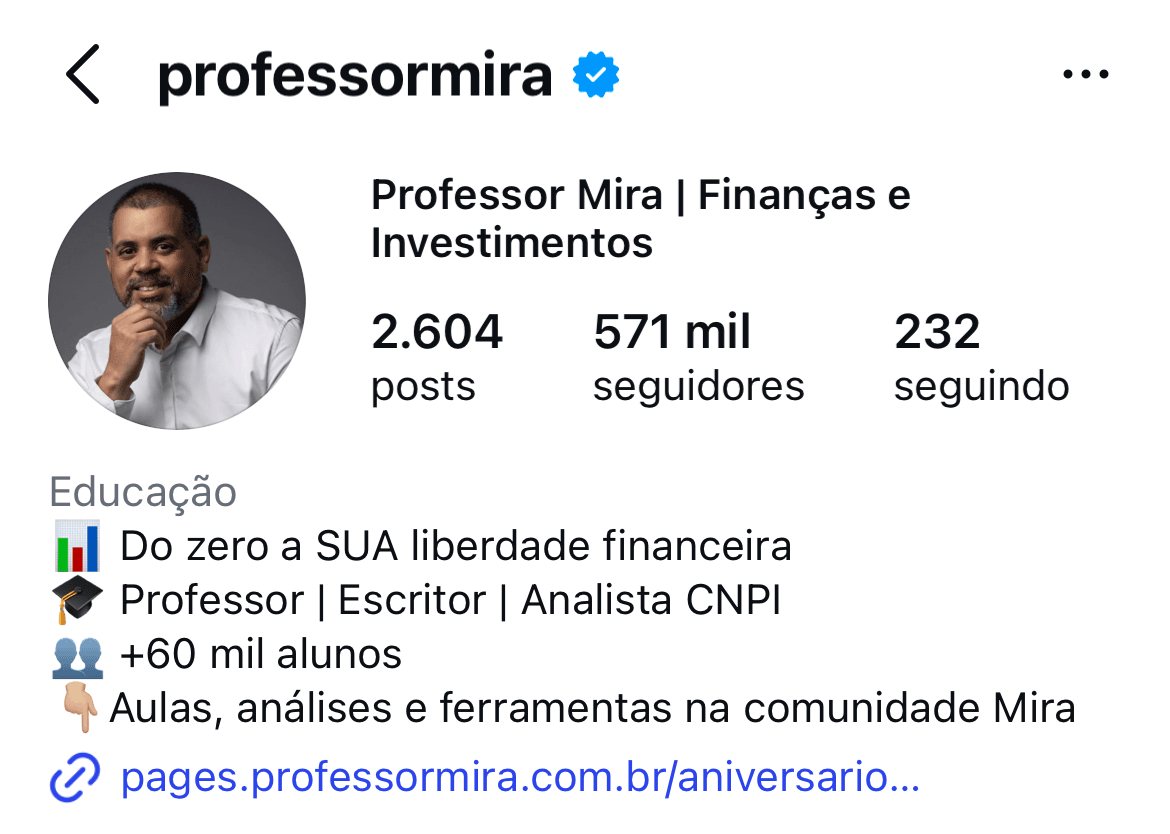 Perfil no Instagram de @professormira, finanças e investimentos
