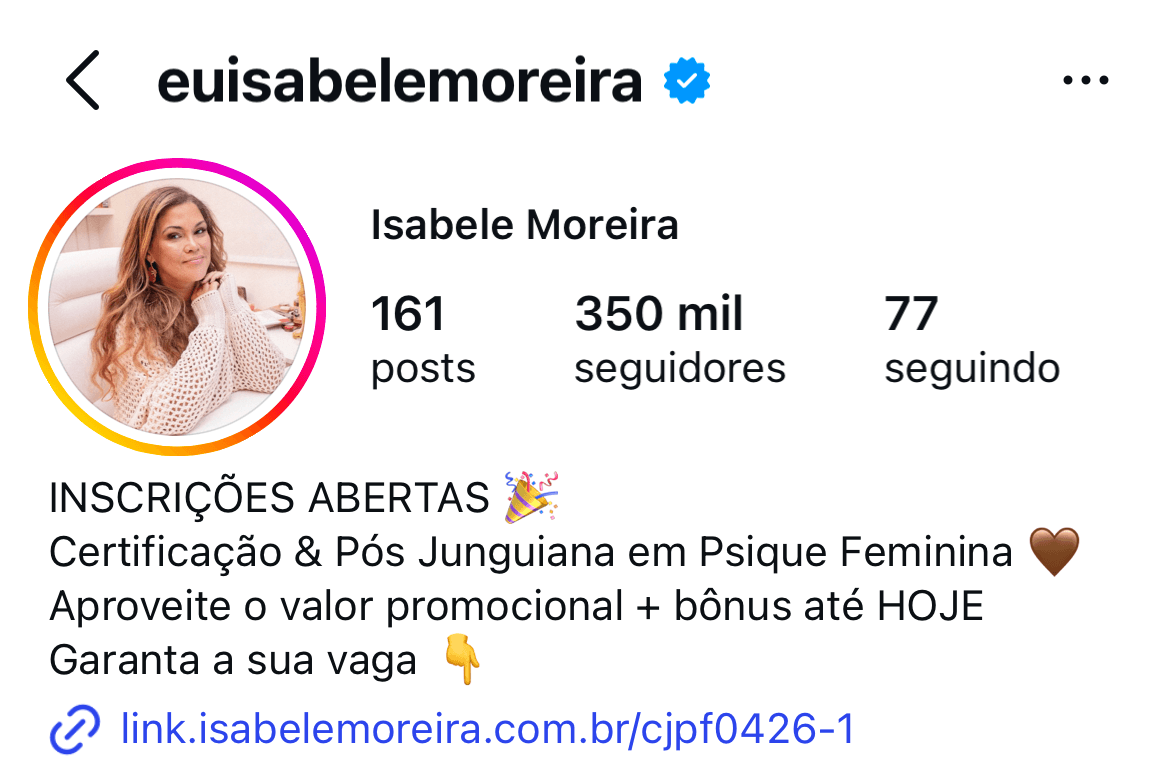 Perfil no Instagram de @euisabelemoreira, Isabele Moreira