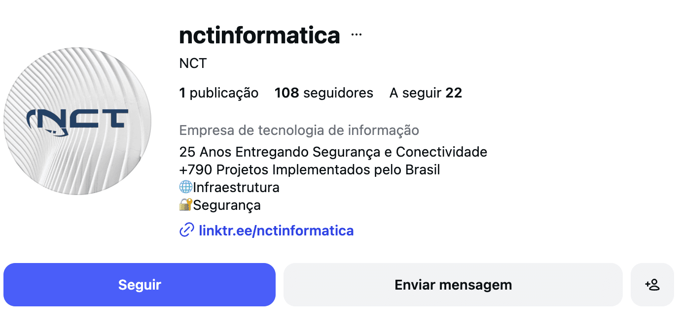Perfil no Instagram de @nctinformatica, infraestrutura e segurança